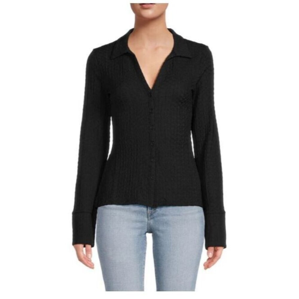 French Connection Blouse NWT Black Tash Textured Top Shirt Button Front Size S